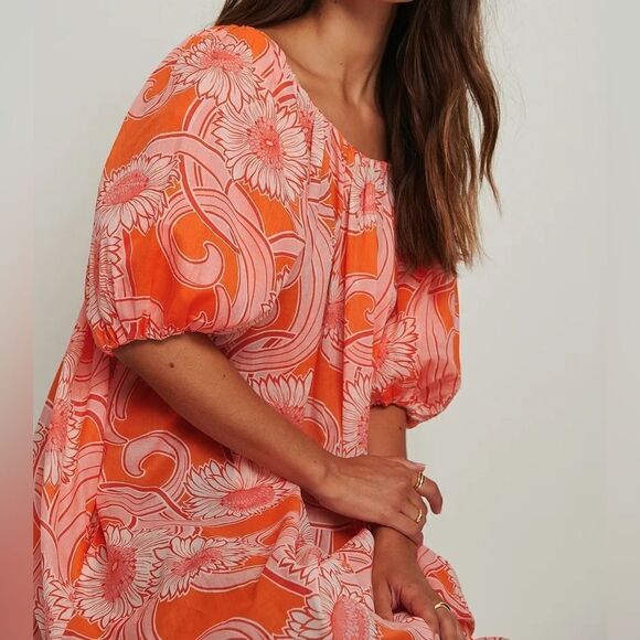 Mango Printed Cotton Dress Flowy Voluminous Maxi Puff Sleeves - Picture 5 of 6